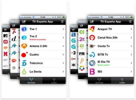 Listado de canales en la aplicación TV España App