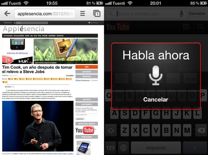 Dos capturas de pantalla sobre el funcionamiento de Chrome en iOS
