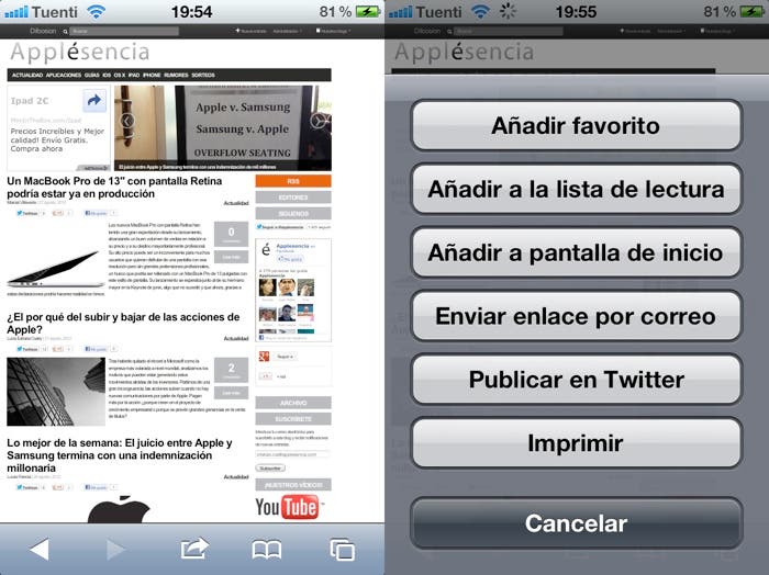 Dos capturas de pantalla sobre el funcionamiento de Safari en iOS