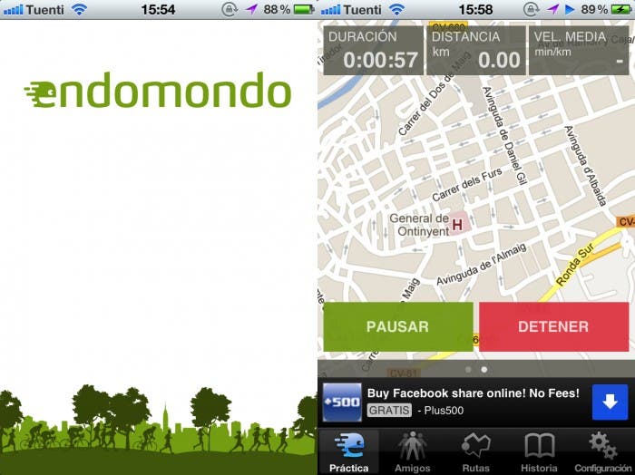 Dos capturas de pantalla sobre el funcionamiento de Endomondo en iOS