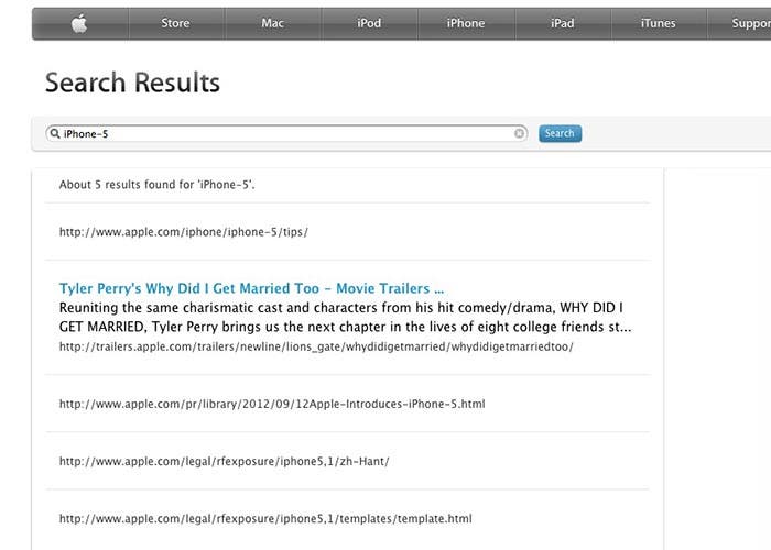 Resultados de la búsqueda de "iPhone 5" en la web de Apple
