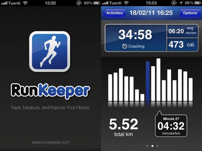 Dos capturas de pantalla sobre el funcionamiento de Runkeeper en iOS
