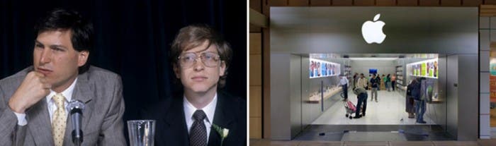 Steve Jobs y Bill Gates a la izquierda, la Apple Store del Satnford Shopping Center a la derecha