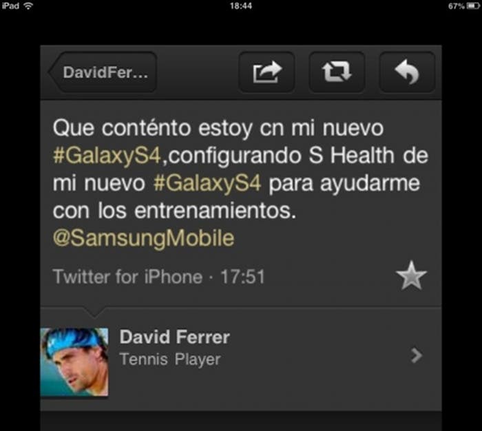Tweet de David Ferrer promocionando el Samsung Galaxy S 4 desde un iPhone