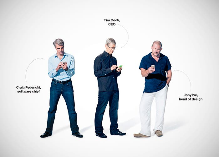 Tim Cook, Jony Ive y Craig Federighi de Apple
