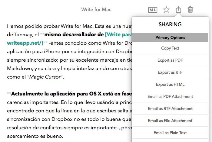 Opciones de sharing para Write para OS X