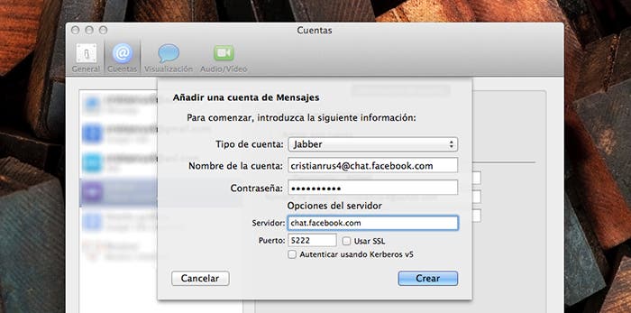 Configuración de Facebook en Mensajes para OS X