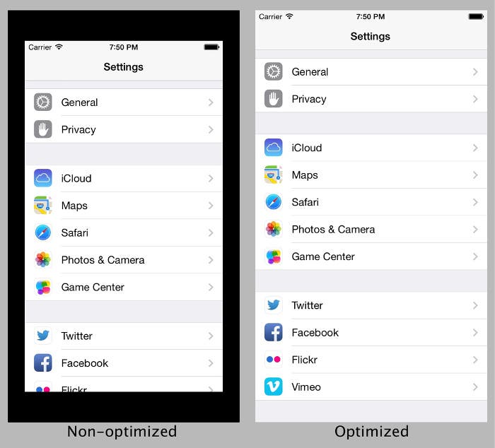 Comparativa entre aplicación optimizada y no optimizada en el iPhone 6