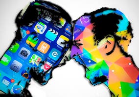 Figura de personas representadas con imágenes de Apple y Samsung