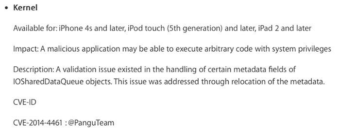 Apple menciona al Pangu Team en su web de seguridad de iOS 8.1.1