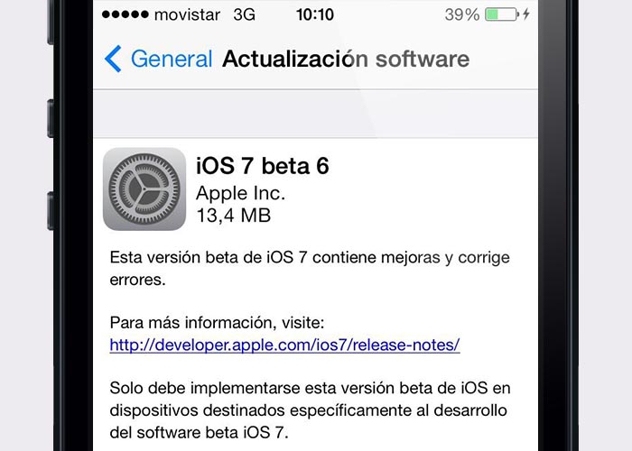 Pantalla de actualización de iOS 7 beta 6