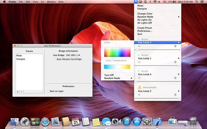 Captura de HueMenu para OS X